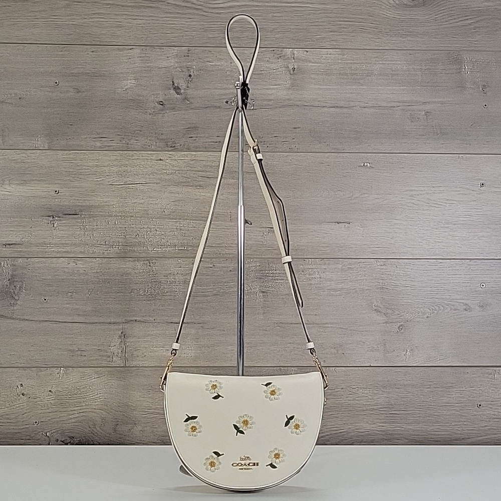 Coach Ellen Half Moon Daisy Embroidered Beige Leather Crossbody Bag C2863